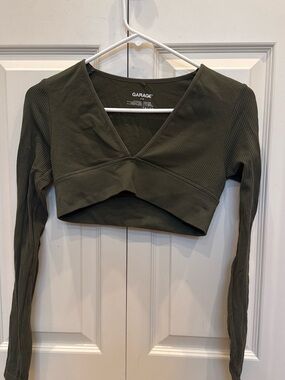 Garage Olive Ribbed V-Neck Long Sleeve Crop Top